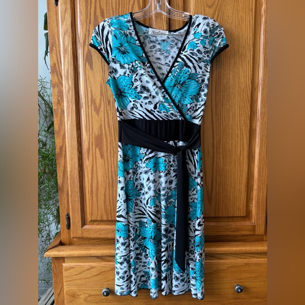 #80 Blue and Black Midi Faux Wrap Dress with Tie Front S